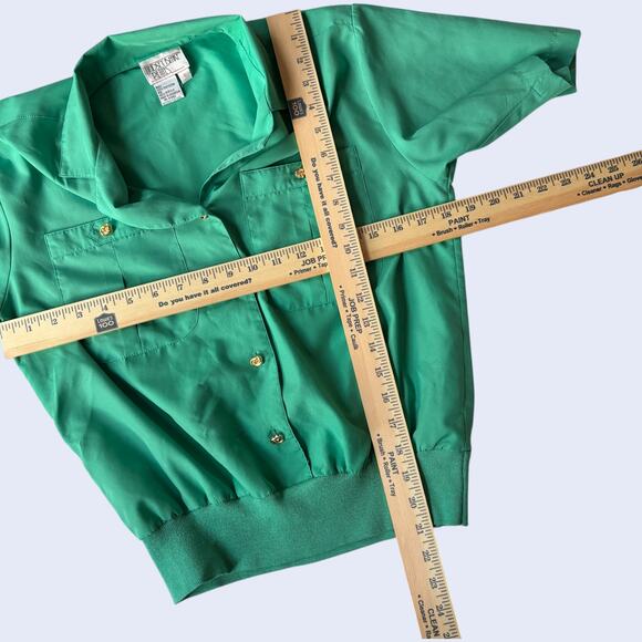 Lindsey Blake Petites blouse green gold buttons short sleeve collared 80s - Picture 4 of 4
